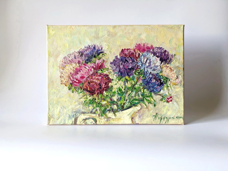 Textured Floral Oil Painting Asters Bouquet Impasto Canvas Art 16x12in gallery