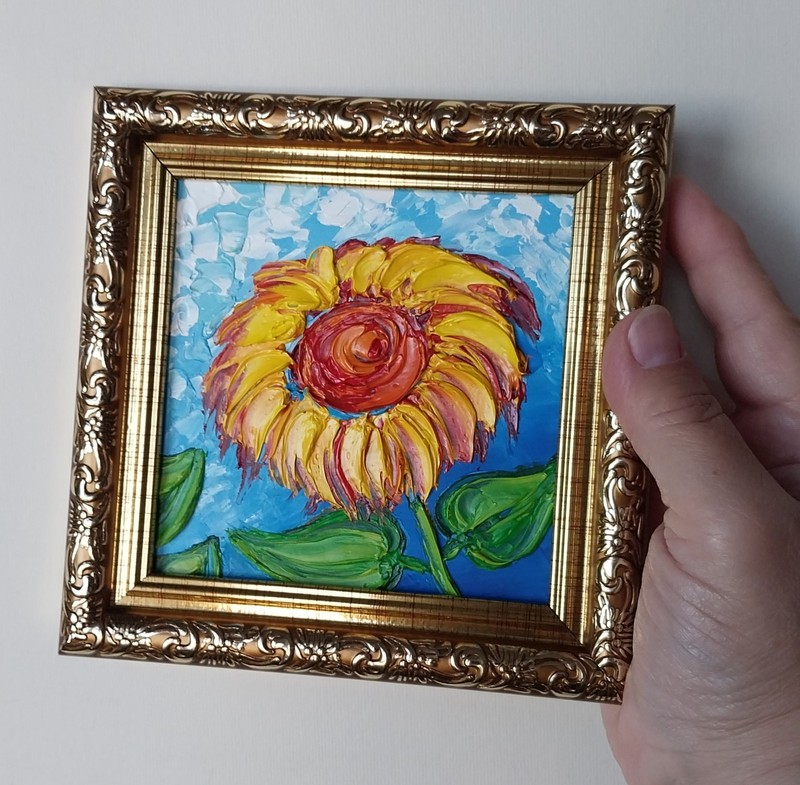 Framed Bright Sunflower Yellow Summer Flower 4x4" Impasto Oil Painting Original gallery