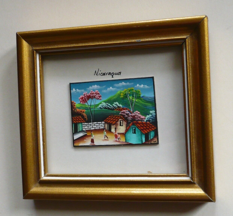 FINE VINTAGE FOLK ART NICARAGUA VILLAGE SCENE MINIATURE OIL COLORFUL LATIN ART