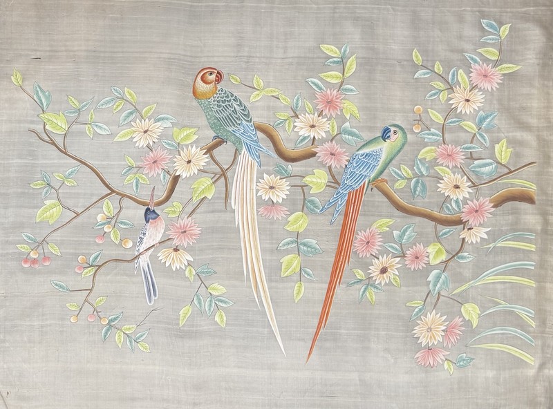 Vintage Silk Painting Large Hand Painted Exotic Birds Floral Chinoiserie 45×33″