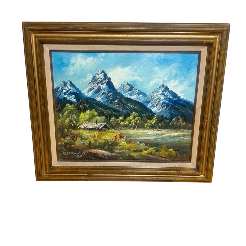Vintage Original Oil Painting Signed Clearwater 1984 Grand Teton Mountain Framed gallery