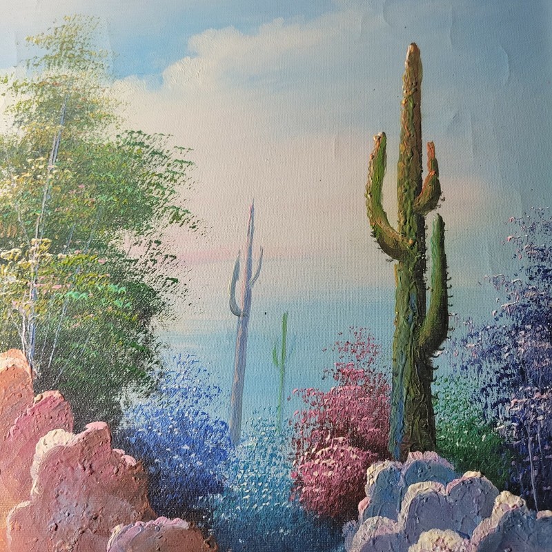 W. Zeller Painting Desert Cacti Landscape Soft Colors Mountains Sky 20x24 gallery