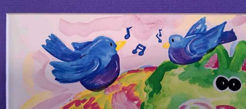 Vtg Gina Byrd Island Signed Watercolor Matted Wall Art Blue Birds & Cats 11×14 gallery