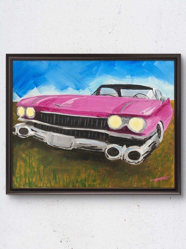 Pink Cadillac In Field Vintage Expressionist Original Art 14×11 Canvas