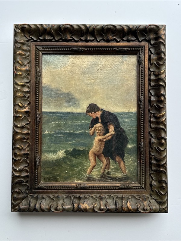 ANTIQUE PAINTING SEASCAPE BEACH PORTRAIT MOTHER AND CHILD COAST COASTAL MYSTERY