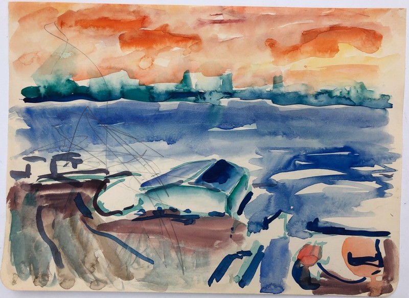 New York Skyline From New JerseyWatercolor Painting-1950s-Israel Louis Winarsky