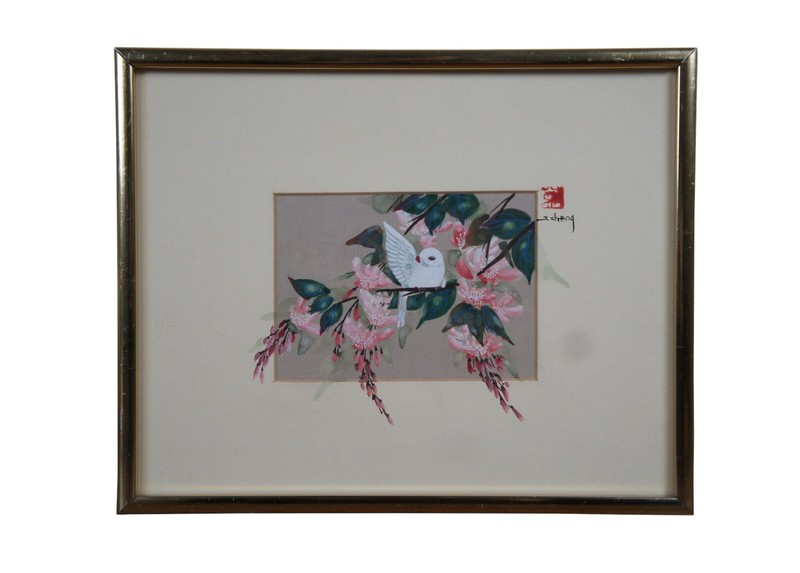 John Cheng Chinese Cherry Blossoms Bird Dove Branch Gouache Painting on Silk 10″