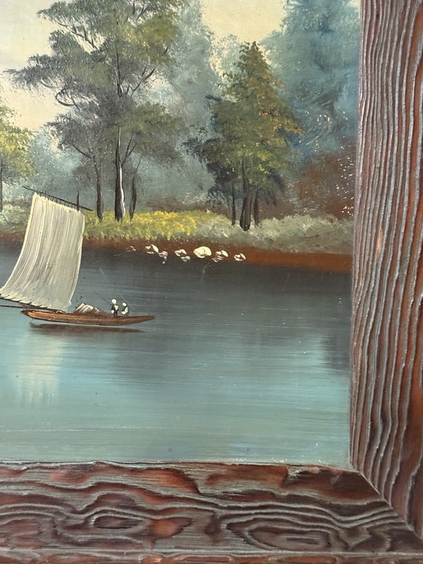 Antique Oil Painting Mountain Lake Sailboat Landscape on Rustic Wood Panel gallery