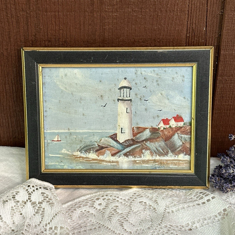 Framed Coastal Lighthouse Painting 5×7 Seascape Cottage Red Roof Gold Trim