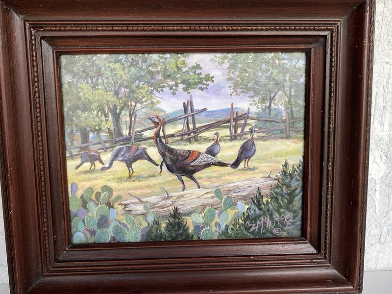 Orig. Framed Wild Turkey Oil Painting on Masonite Zella McLemore 14-1/2"L x 13"H gallery