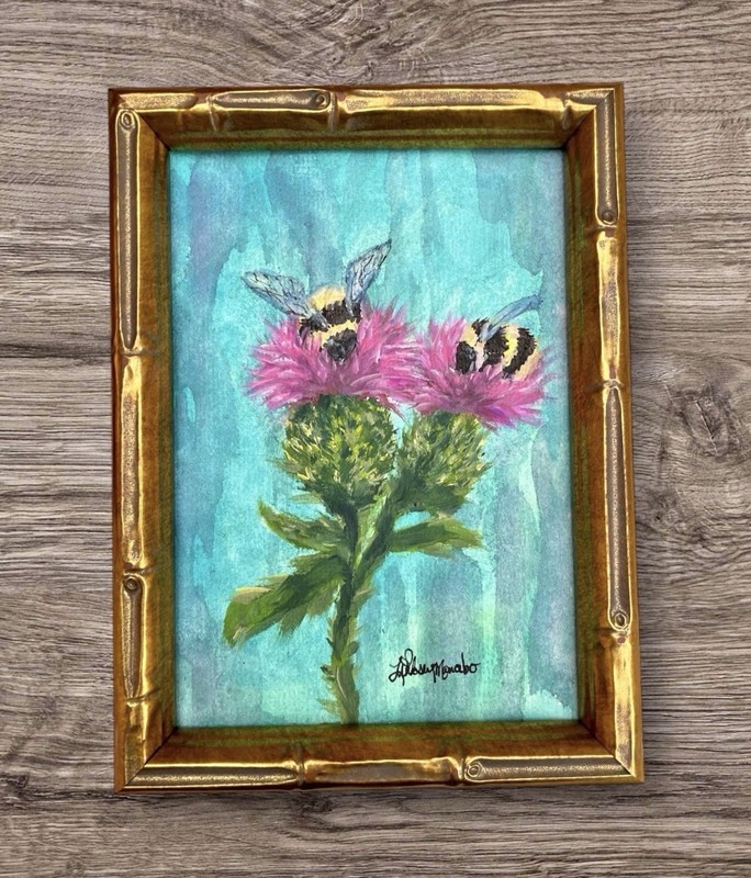 ORIGINAL Bumblebee & Thistle Watercolor Painting • Bird Art • Bamboo Frame • Bee