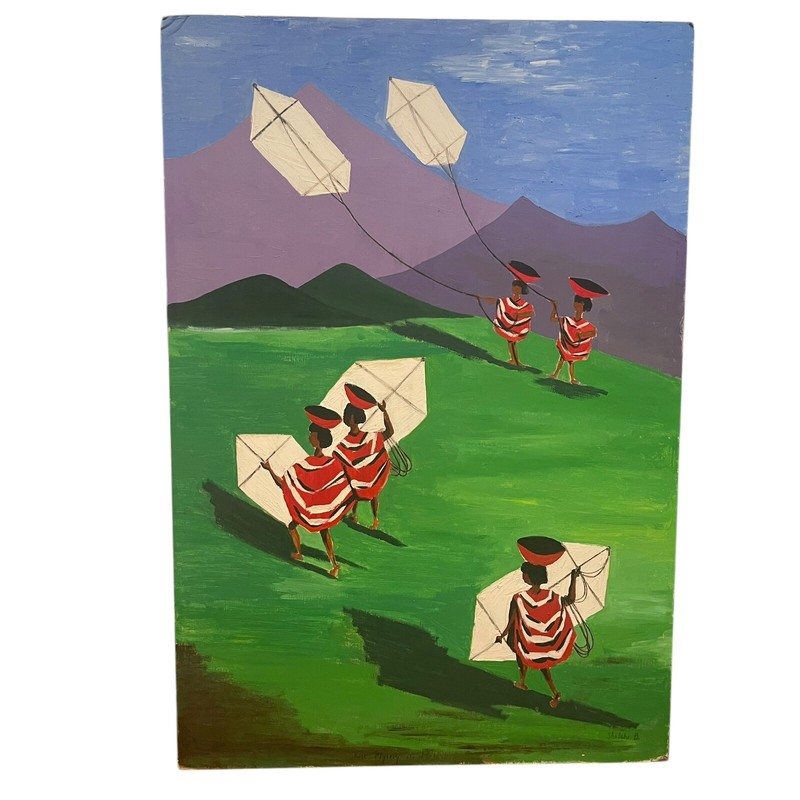 Vtg Acrylic Painting Kite Flying In Peru Children Folk Art Signed Shelah B.