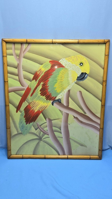 Painting 50’s Mid-Century BOHO Parrot Bird Art Faux Bamboo Frame Tropical 23″
