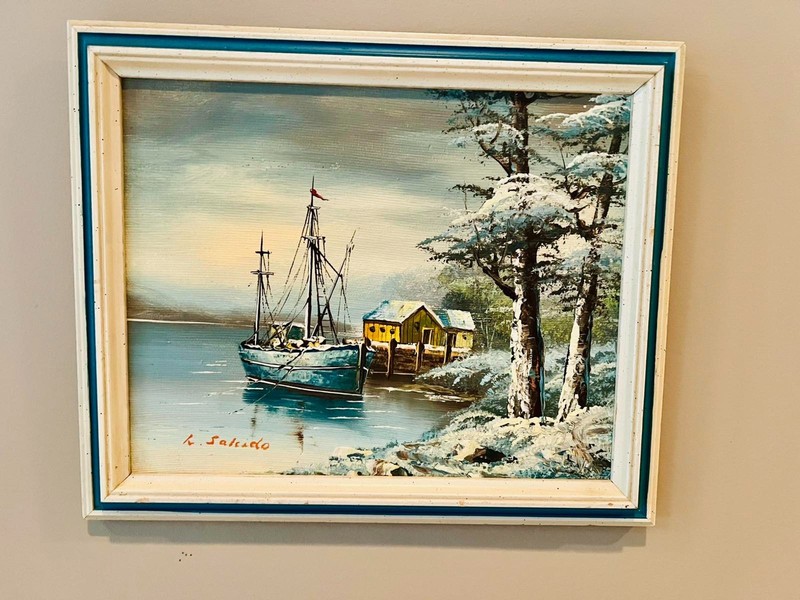 Wall Art Oil Painting Canvas Original K.Salcado Boat on Water Winter Landscape