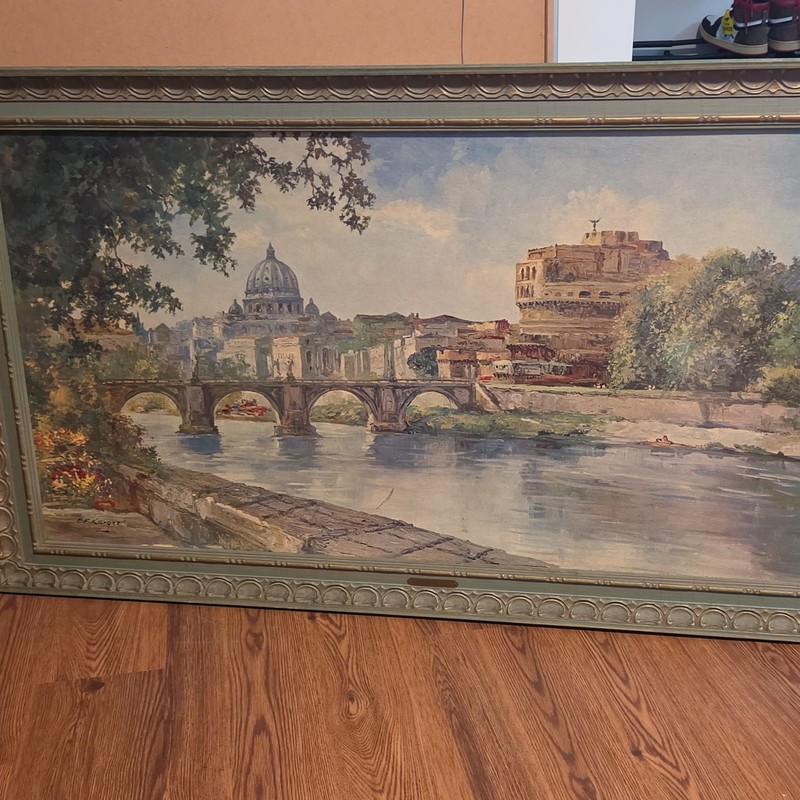 E. F. Karger Signed Framed Large Cityscape River Bridge Canvas Painting