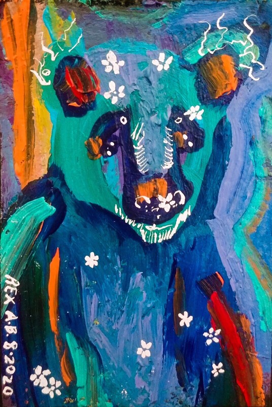 ACEO – BLUE BEAR – REX A.B. 2020 – TINT WHITE FLOWERS SERIES – SIGNED
