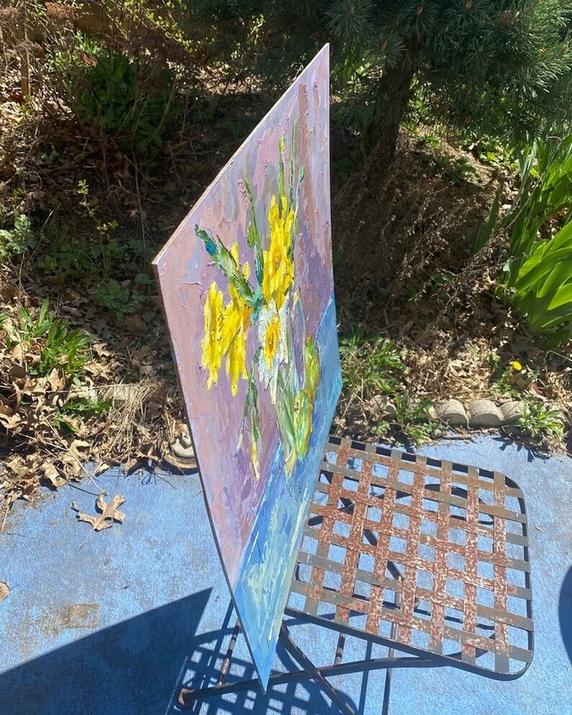 Impasto Painting Yellow Narcissus Flowers & Pears Oil Painting on Board 24x24 in gallery