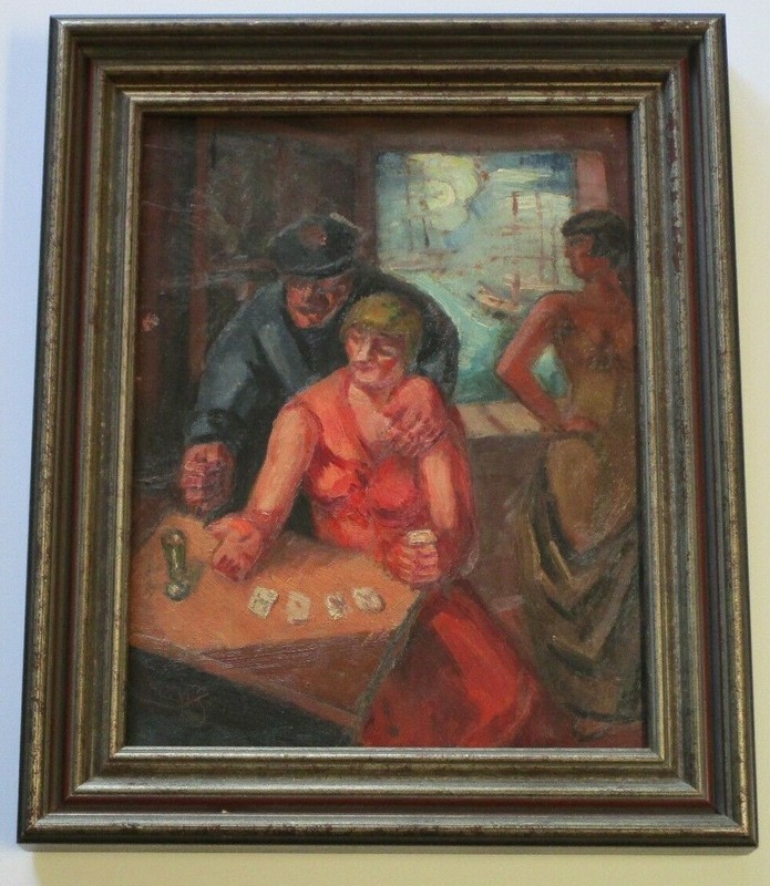 IMPRESSIVE WPA ERA PAINTING NAUTICAL FISHERMAN BAR SCENE MARINA ART DECO MYSTERY