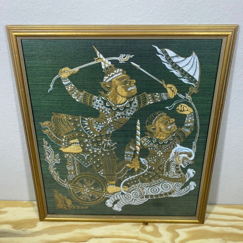 Vintage Ramakien Thai Silk Painting Framed Mythical Chariot Scene 19×21″