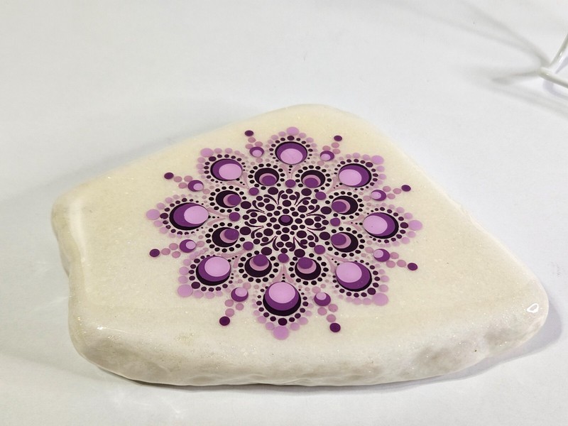 Hand Painted Rock Mandala Dot Art Santorini Stone Resin Coated OOAK 6" Signed gallery
