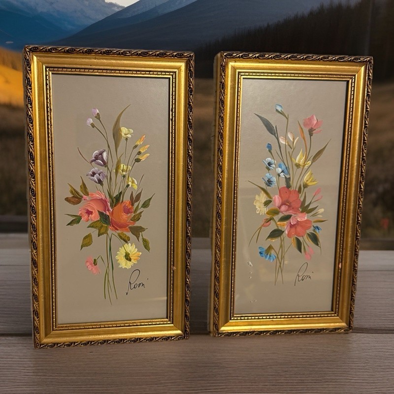 Antique Set 2 Framed original Rossi oil paintings Still Life flowers Italy