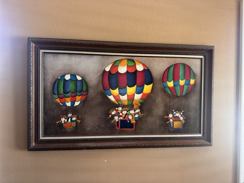 J. ROYBAL OIL ON CANVAS LARGE HOT AIR BALLOONS W CHILDRENS MUSICIANS 4×8 X 2×8