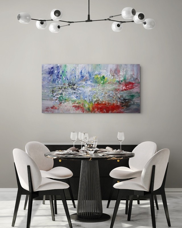 Original Abstract Cityscape Painting 48×24 Canvas, Reflections After Rain, Large
