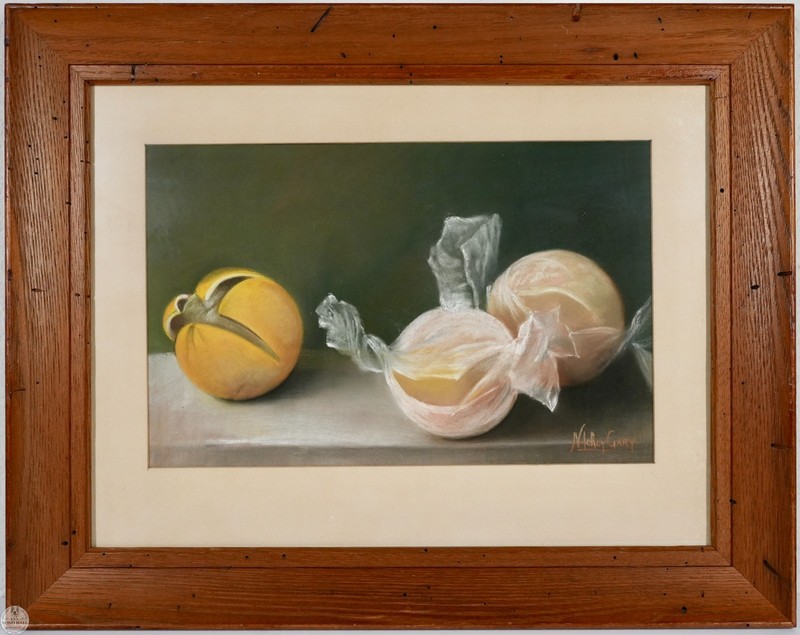 Vintage Framed Original Still Life Pastel Painting «Wrapped Fruits»