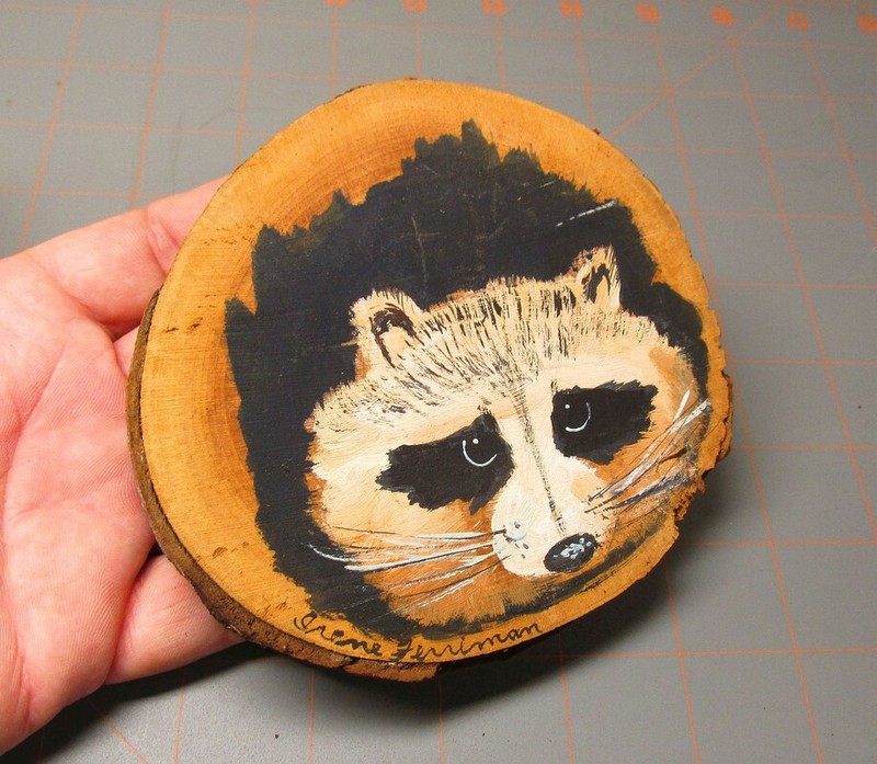 Painting Racoon On Wood Round cute gift art unusual estate old rustic cabin WJ