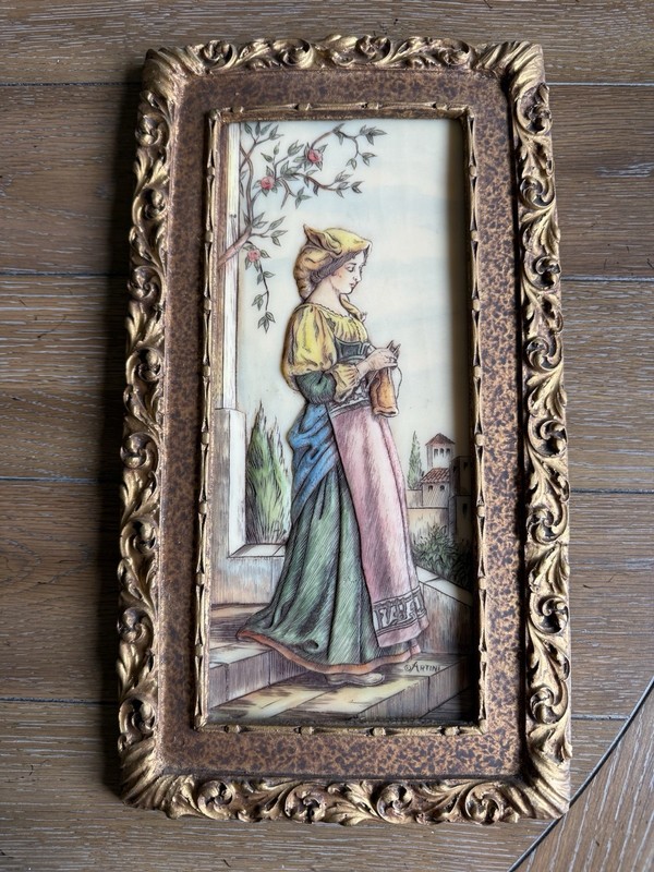 Vintage Artini 4-D Twin Etched Hand Engraving Framed Standing Woman Knitting