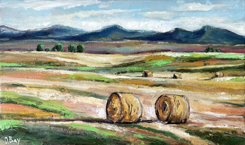 Montana Oil Painting Original Art Hay Bales Landscape Wall Art 12×20″ signed