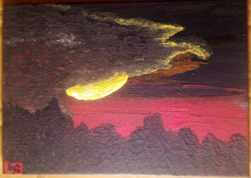 Seattle Sunset 5×7″ Canvas Board Painting Signed by Artist LB -Fall Home Decor