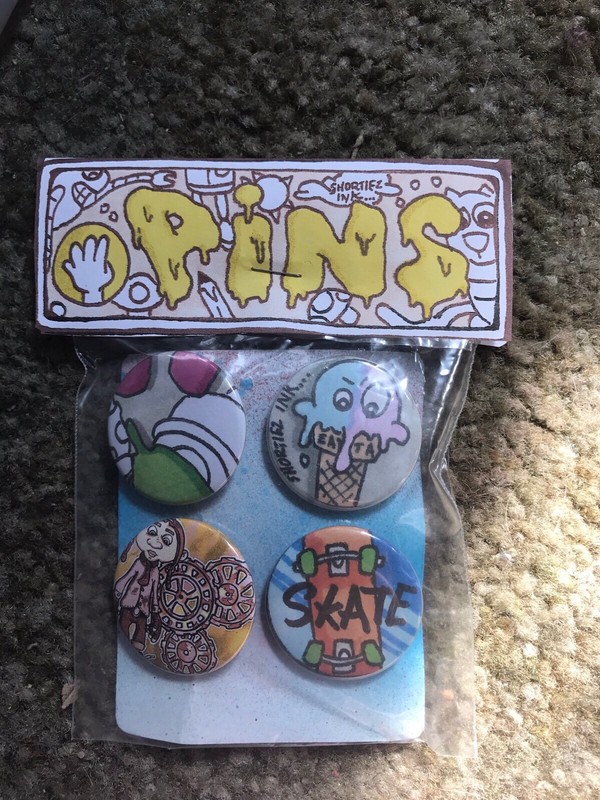 4 Pack Hand Made 1.5″ Button Pins Shortiez Ink In Package Ice Cream Skate