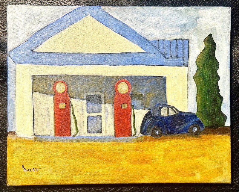 “White Gas Station” Robert Burt Painting Acrylic Southwest Landscape Art 20”x16”