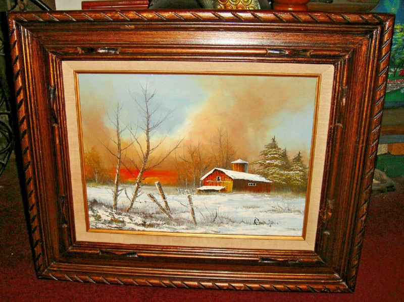 Vintage Oil Painting On Canvas Barn House Snow Field Trees Signed Rozario