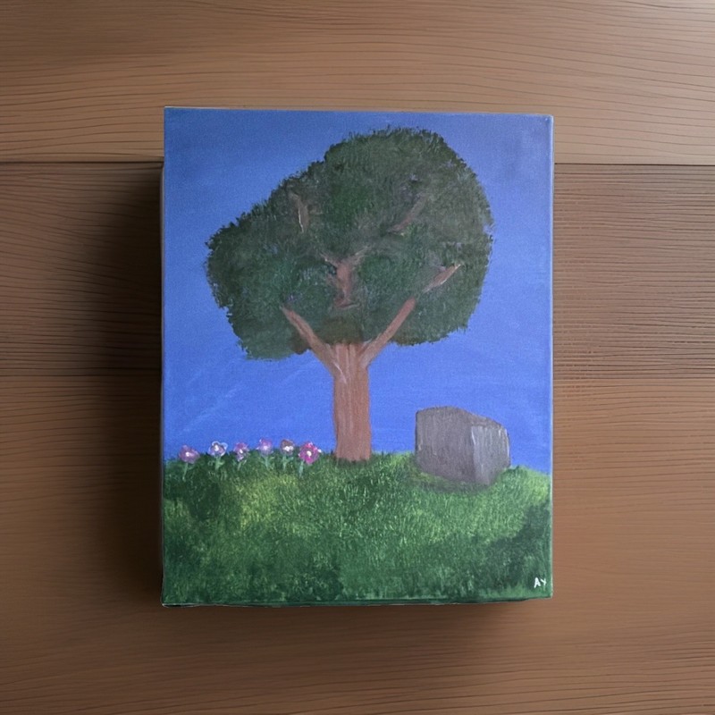 Tree Flowers stone Folk Art Painting on Canvas, Large, Original, Signed AY