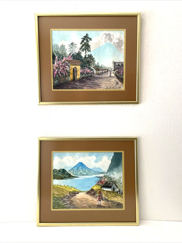 Pair Vintage South America Island Landscape Watercolor Paintings 18×15″ Signed