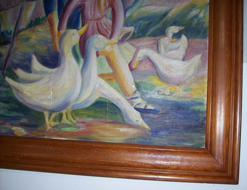 Original Oil Painting, Mother with Child Hanging Wash with Farm Ducks gallery