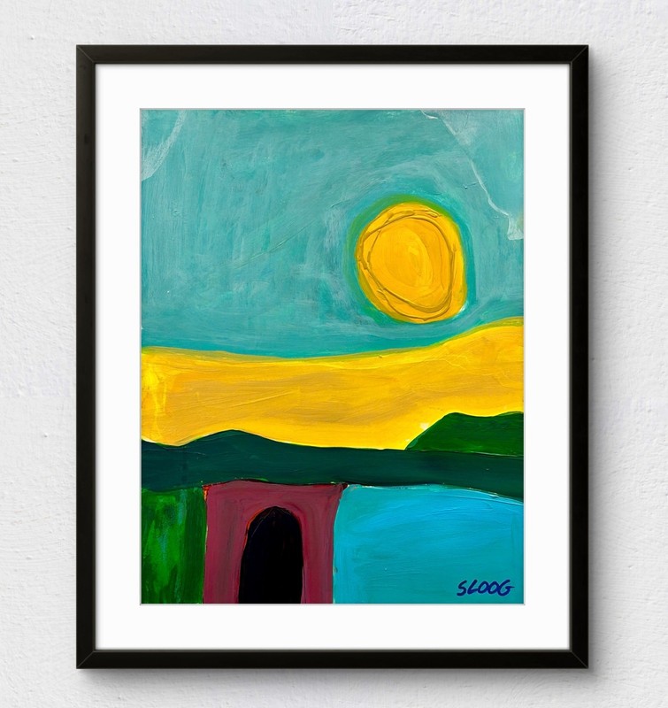 Sloog Original Art Colorful Bold Abstract Landscape Painting on Paper 11×14 Sun