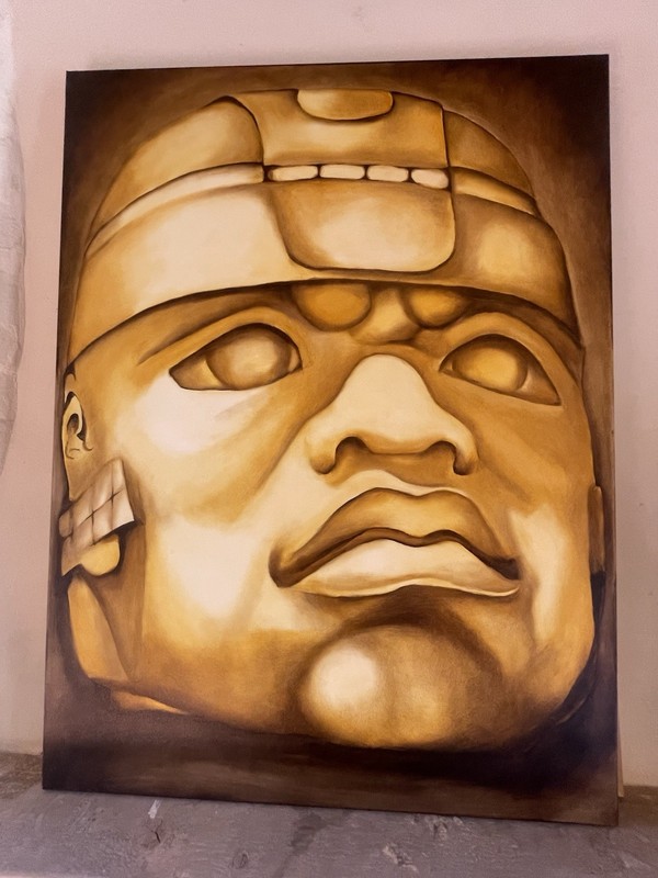Olmec Head, Mesoamerican Mexican Art, Acrylic Canvas, 36x48” original painting gallery