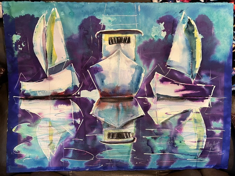 Orig Watercolor Painting Sailboats Powerboats in Harbor 22x30 Unframed Lg Nice gallery
