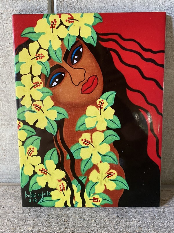 Bobbi Caputo Tile Hawaiian Folk Art Island Girl Hand Painted Signed