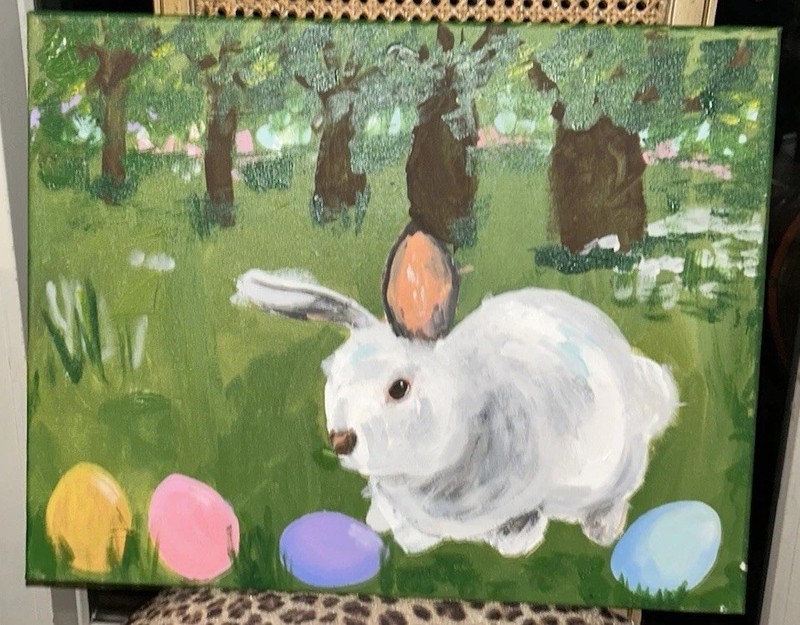 VTG Original Impressionist BUNNY RABBIT w/4 EGGS 16”T 20”W Canvas #1of2 EASTER gallery