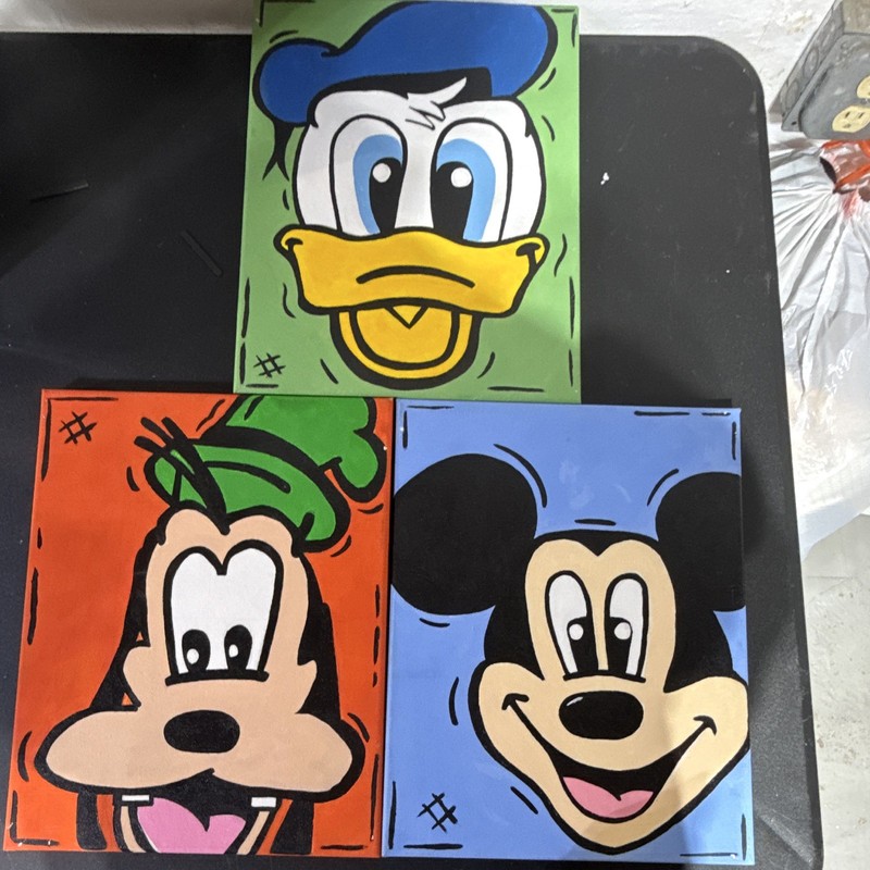 Disney Hand Painted Canvas Art Set of 3 Mickey Mouse Donald Duck Goofy 11×14