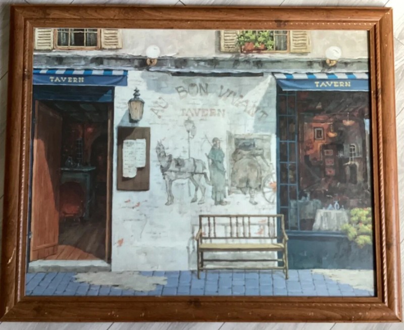 Au Bon Vivant Tavern by Viktor Shvaiko Print Vtg Distressed Frame 31.5X25 gallery