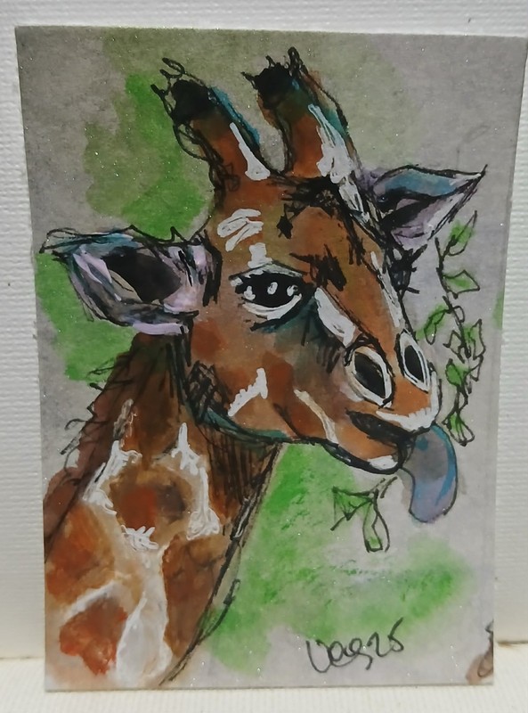 OOAK Giraffe Portrait in Impressionist Color with Distressed Metallic Glow ACEO