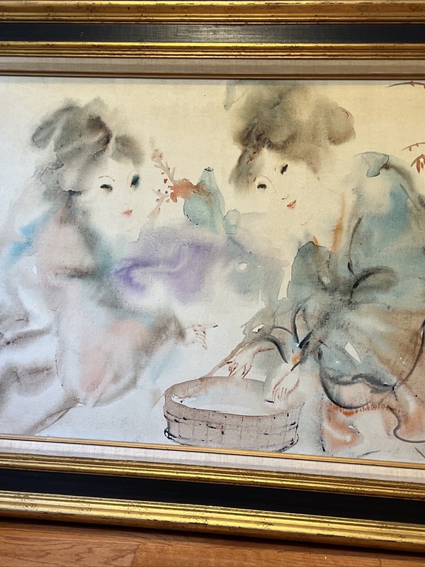 Large Vintage Painting Two Chinese Lady 57 X 33 Inch Signed La One Thai 良芳华丽 gallery