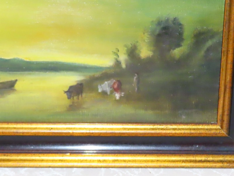 Oil Painting Signed Landscape With Lake And Cows On Panel, Contemporary Art gallery