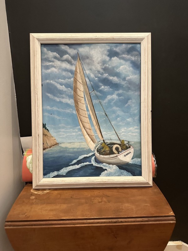 Vintage Sailboat «ANNA» Original Oil Painting Coastal Maritime Folk Art Framed