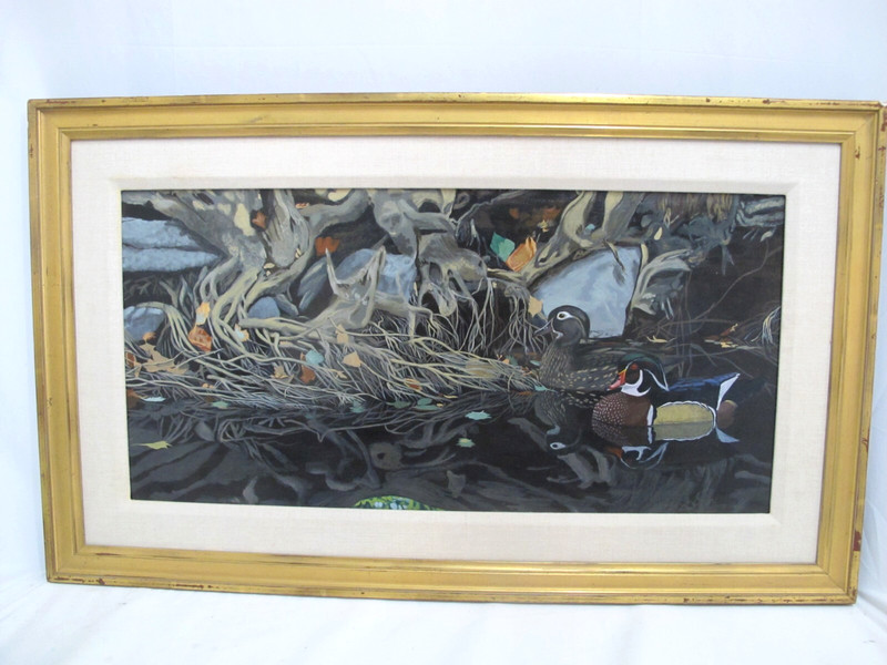 BART RULON Framed WOOD DUCKS Moody River Bird Scene Acrylic Painting